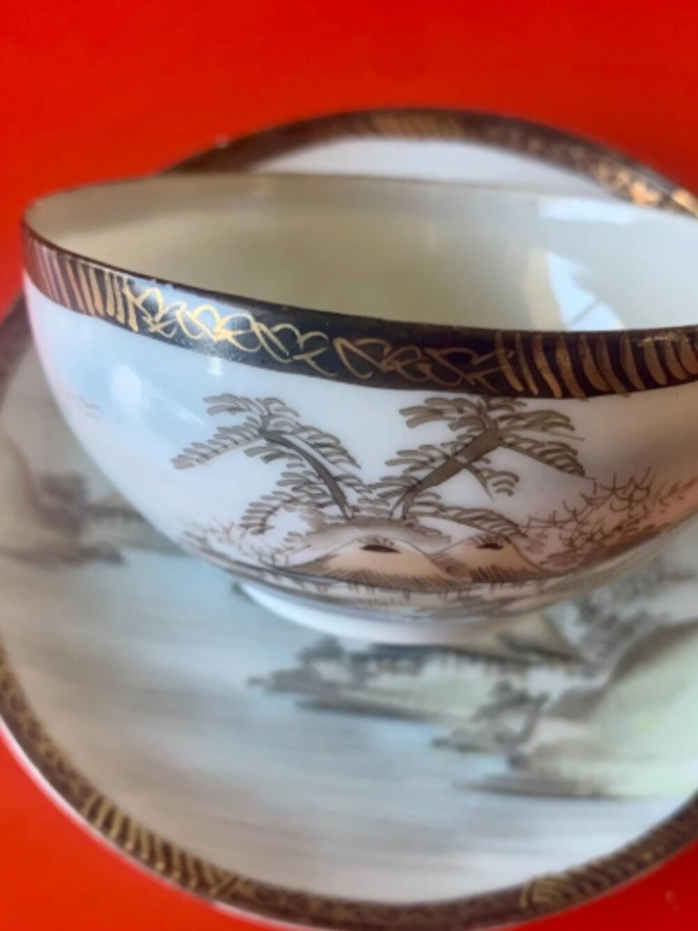 Set of 5 Japanese Mid‑Century Porcelain Teacups & Saucers Hand‑Painted Kaolin